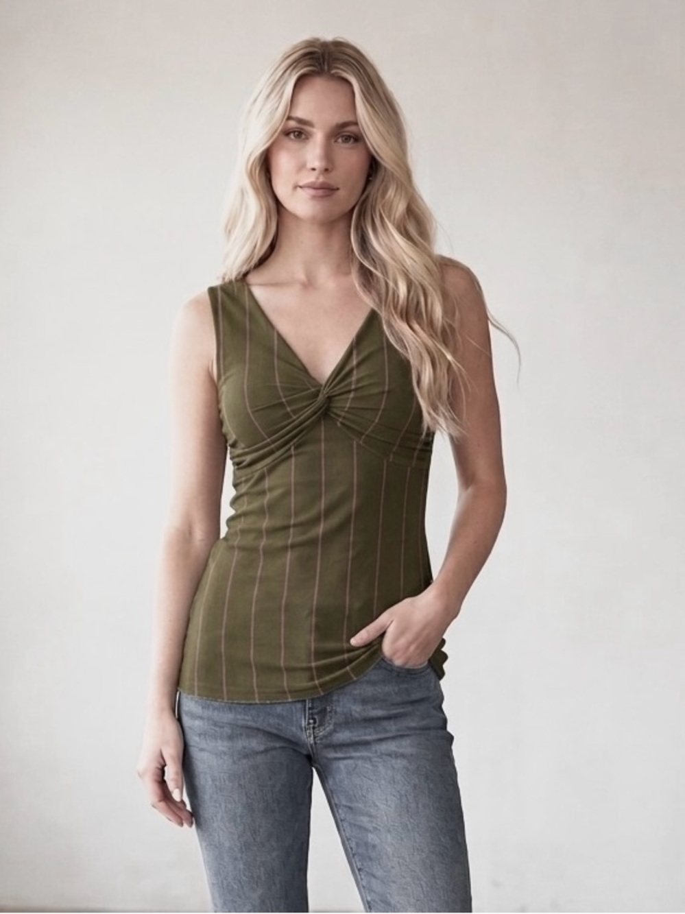 Arden B Olive Mesh Tank Pink Pinstripes and Twist Front